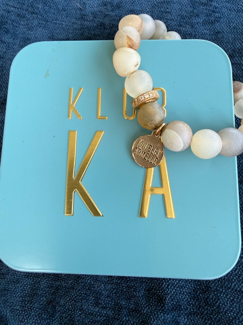 Kinsley Armelle Frosted Bead Stretch Bracelet in White & Taupe